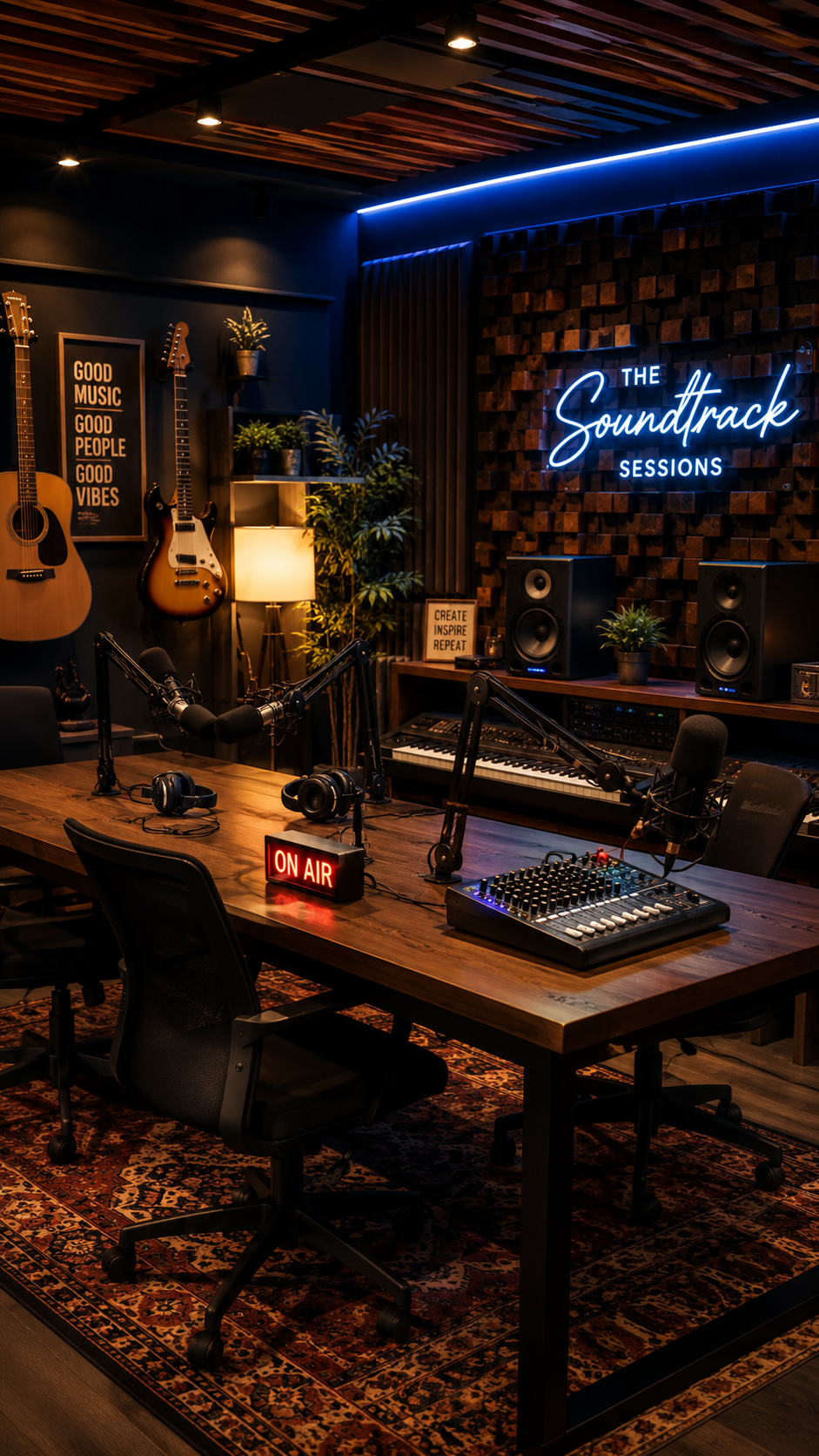 Estudio de podcast musical con letrero de grabación y micrófonos